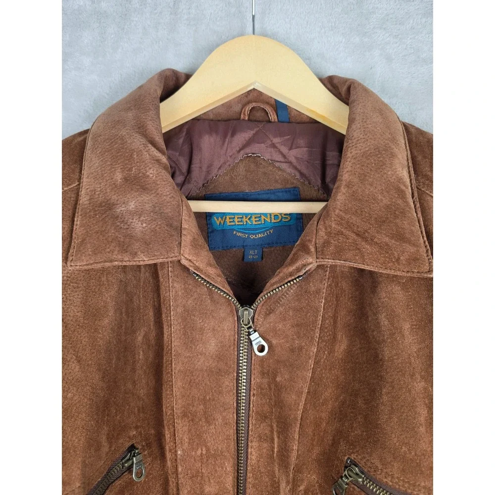 Vintage Weekends Suede Leather Bomber Jacket Mens XLT Brown Quilted Lined Zip